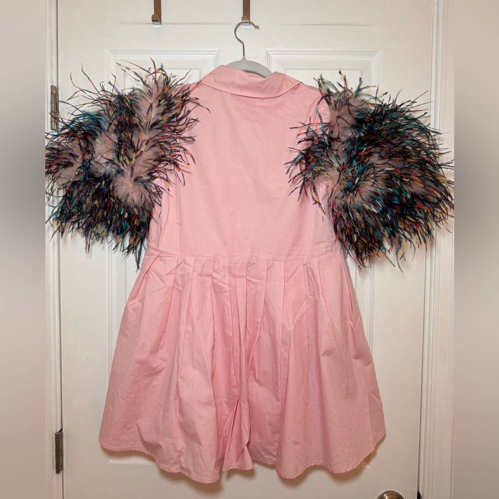 QUEEN OF SPARKLES. Feather Poof Sleeve Button Down Dress. NWOT. Size S - Picture 2 of 3